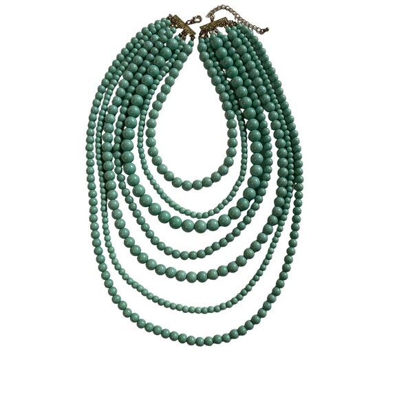Multi Strand Necklace Layer Beads Mint Blue 7 Rows Pearls u - Picture 1 of 6